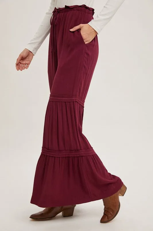 Burgundy Drawstring Waist Tiered Palazzo Pants