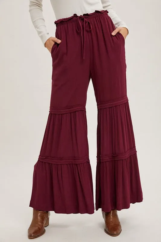 Burgundy Drawstring Waist Tiered Palazzo Pants