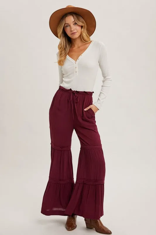 Burgundy Drawstring Waist Tiered Palazzo Pants