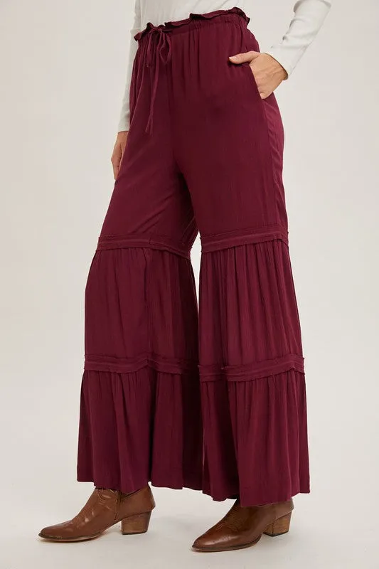 Burgundy Drawstring Waist Tiered Palazzo Pants