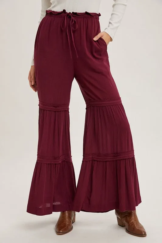 Burgundy Drawstring Waist Tiered Palazzo Pants