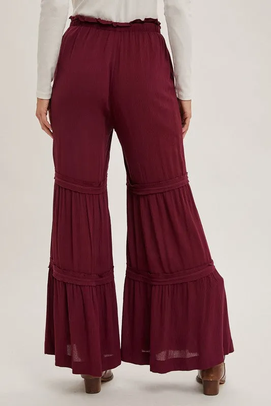 Burgundy Drawstring Waist Tiered Palazzo Pants