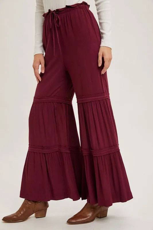 Burgundy Drawstring Waist Tiered Palazzo Pants