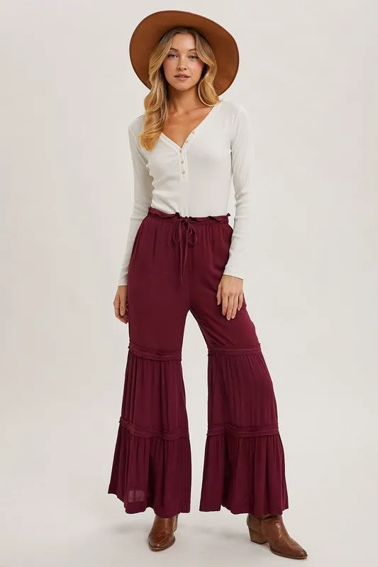 Burgundy Drawstring Waist Tiered Palazzo Pants