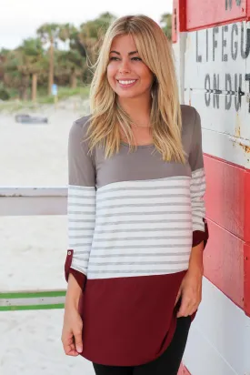 Burgundy Striped Top with 3/4 Sleeves