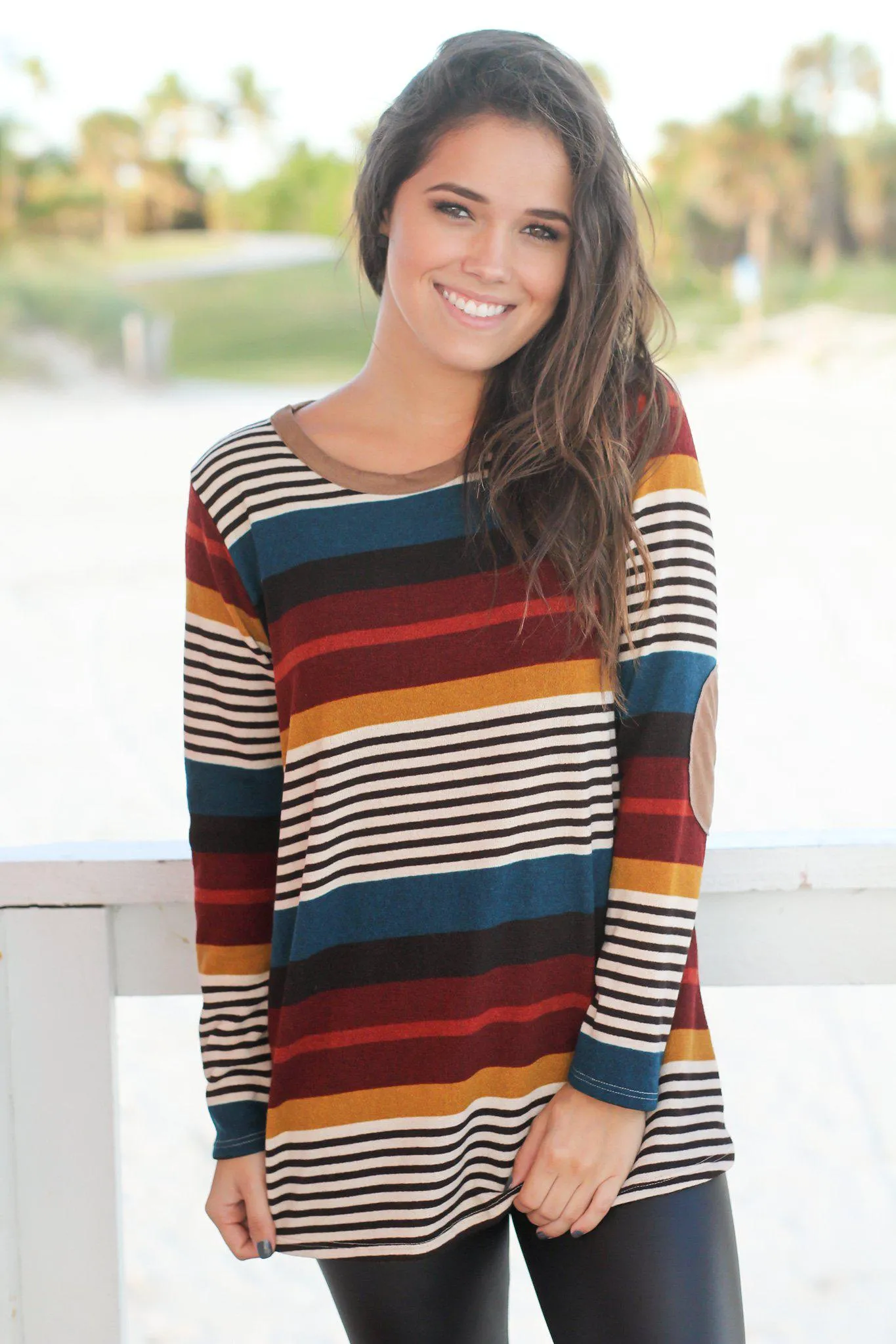 Burgundy Striped Top with Button Detail