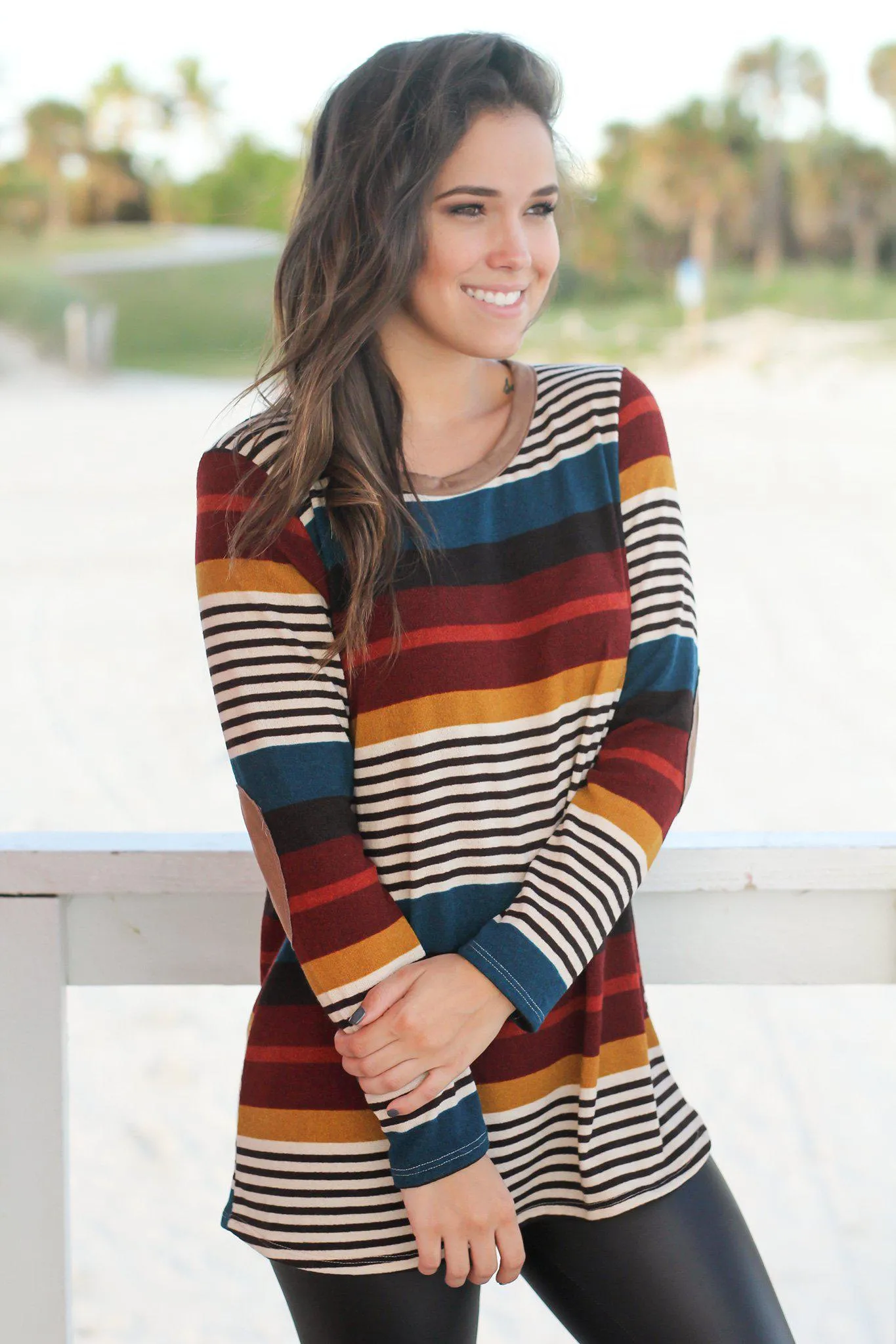 Burgundy Striped Top with Button Detail