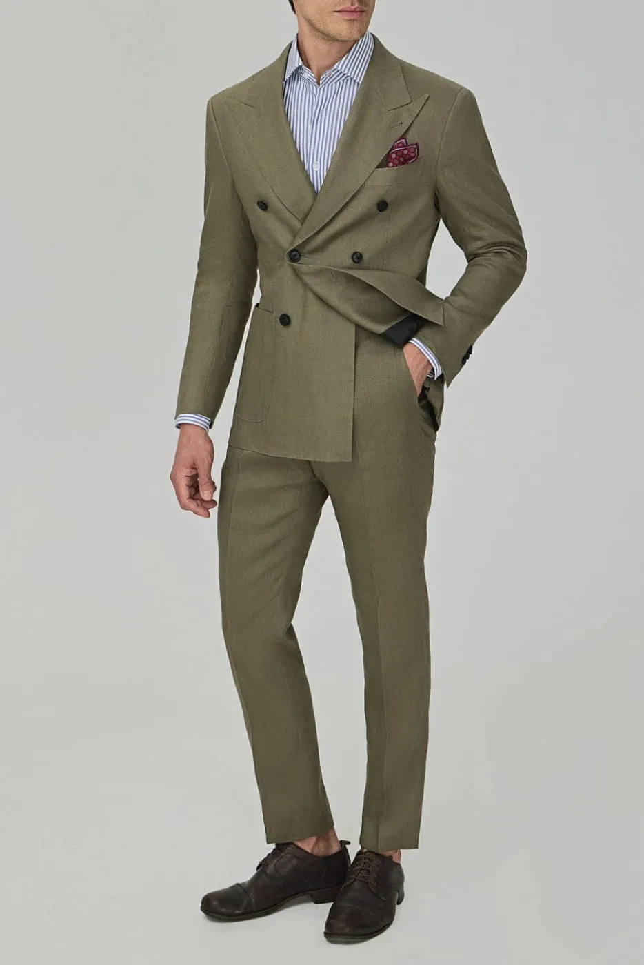 Business Casual 2 Piece Olive Green Peak Lapel Men's Suit (Blazer Pants)