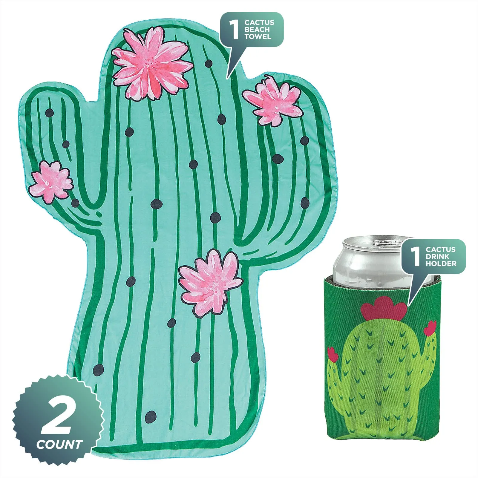 Cactus Party Supplies - Cactus Shaped Beach Towel and Can Sleeve Drink Holder