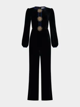 Camille Bows Jumpsuit in Black Gold Embroidery