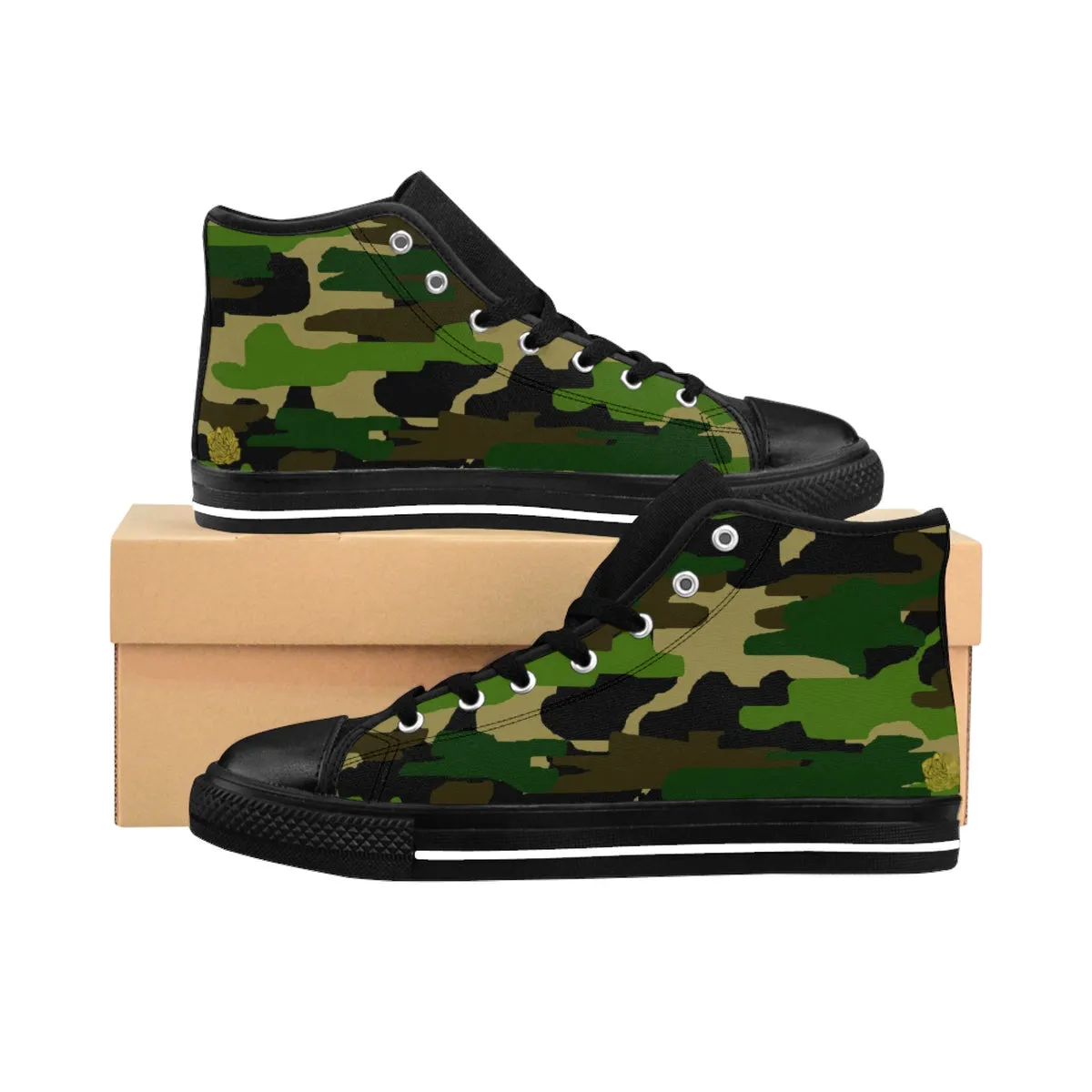 Camouflage Men's High Top Sneakers, Green Military Army Print High Top Sneakers For Men