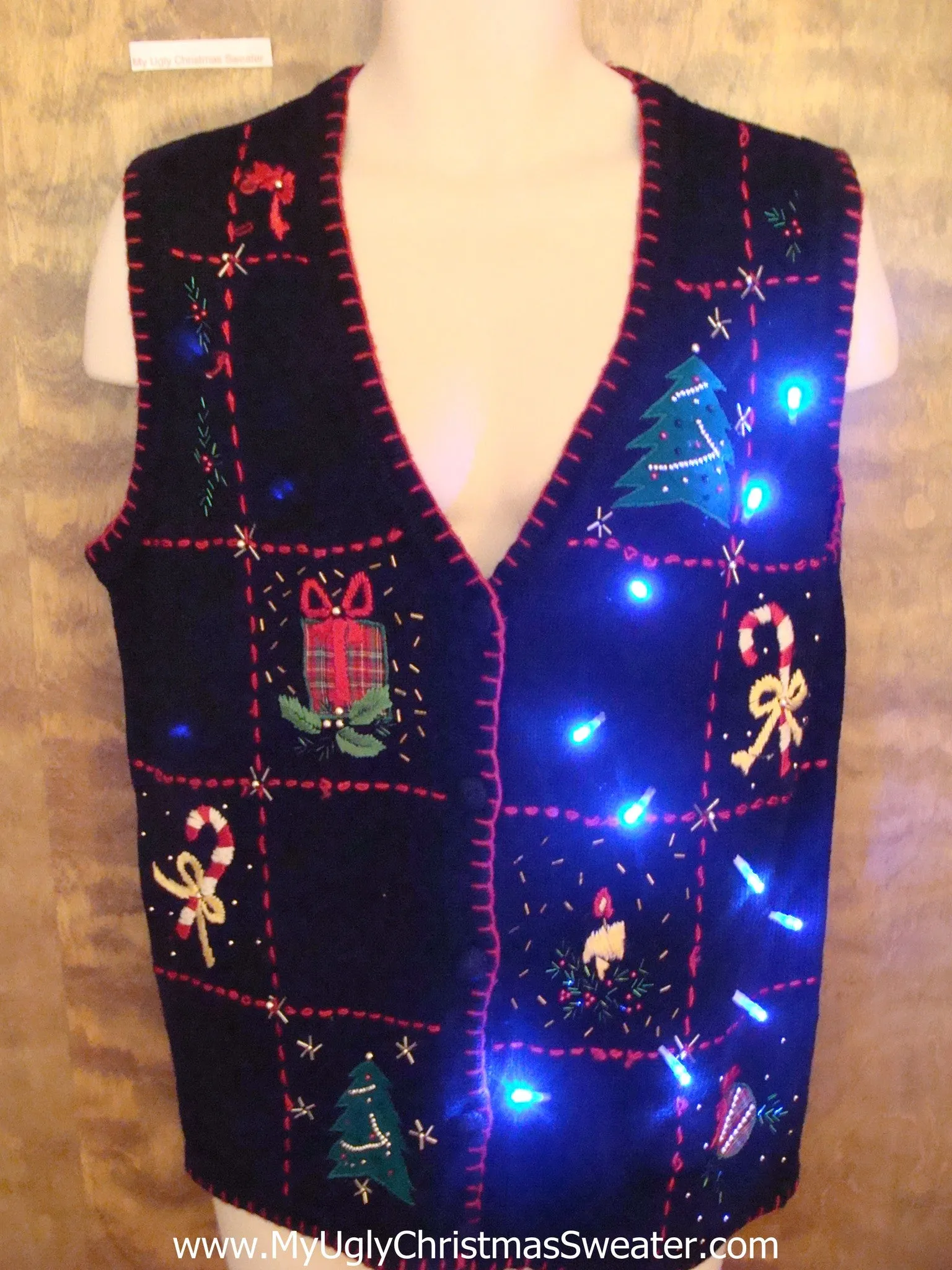 Candy Canes and Trees Light Up Ugly Xmas Sweater Vest