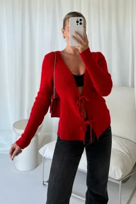 Carly red tie front cardigan