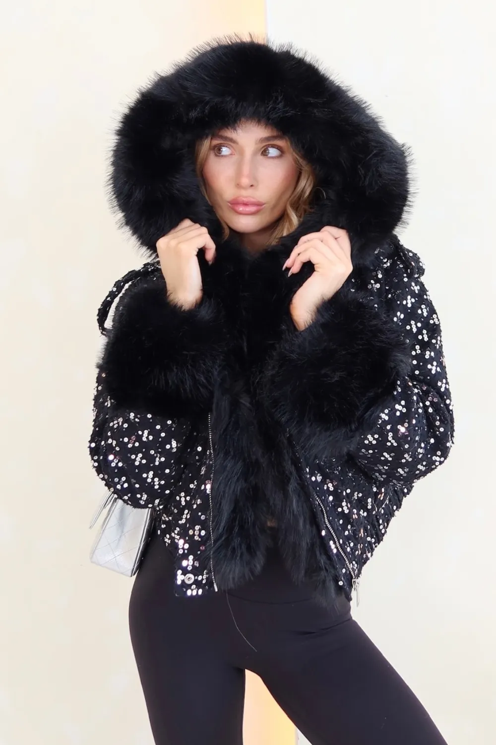 Casey black denim sequin hooded faux fur jacket