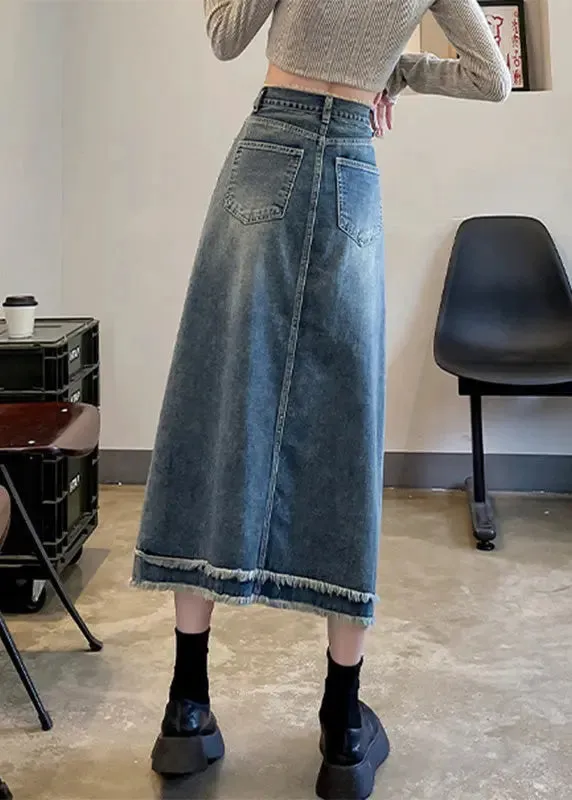 Casual Blue Patchwork High Waist Button Denim A Line Skirts LY7917