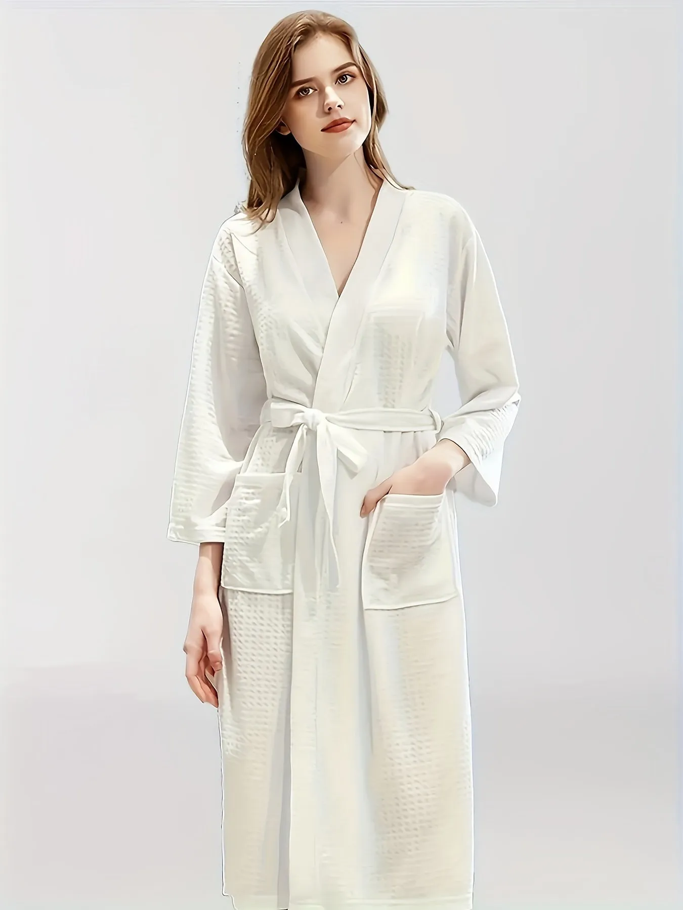 Casual Waffle Solid Night Robe, Long Sleeve V Neck Robe With Belt, Women's Sleepwear & Dresses For Fall & Winter