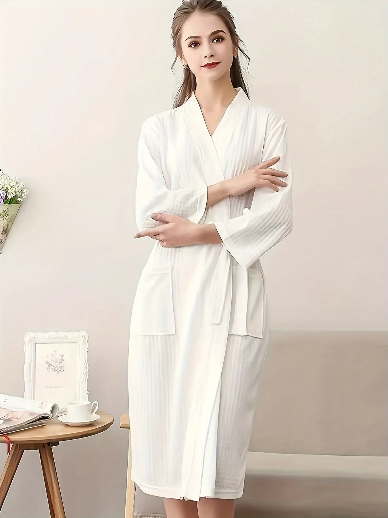 Casual Waffle Solid Night Robe, Long Sleeve V Neck Robe With Belt, Women's Sleepwear & Dresses For Fall & Winter