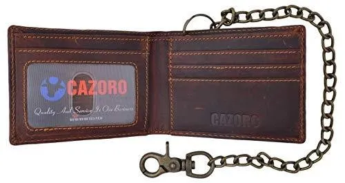 Cazoro Leather Slim Bifold Wallet with Gunmetal Metal Chain