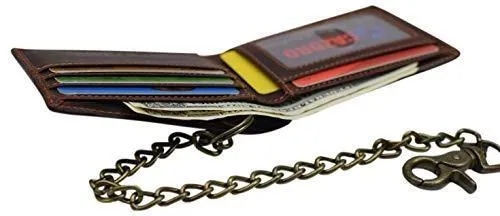 Cazoro Leather Slim Bifold Wallet with Gunmetal Metal Chain