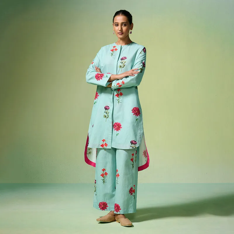 Chanderi Kurta Set For Women | Floral Printed | Blue