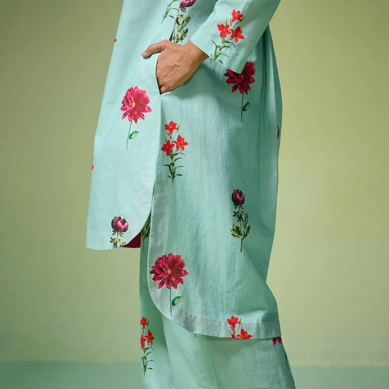 Chanderi Kurta Set For Women | Floral Printed | Blue