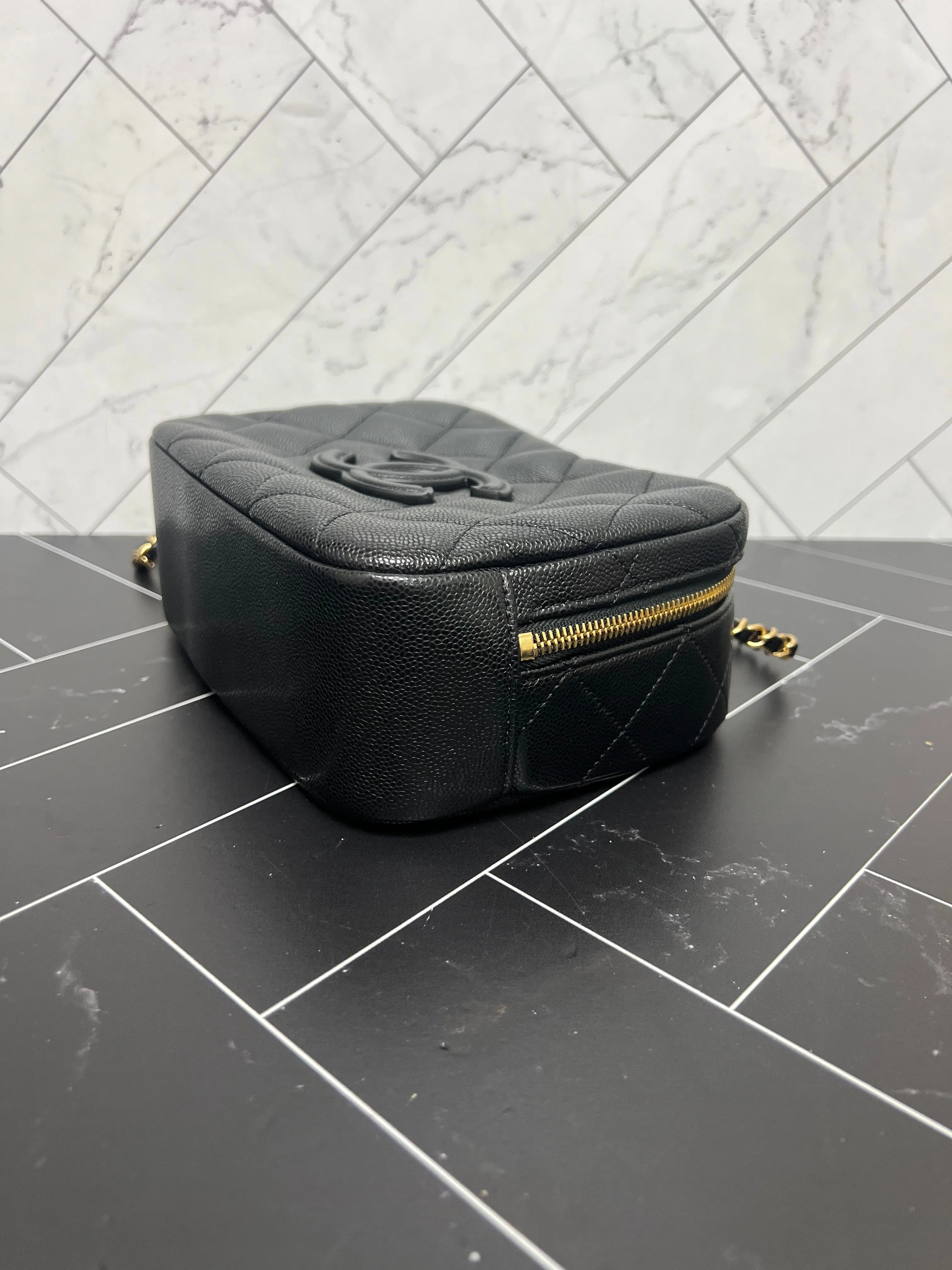 Chanel Black Caviar Quilted Small Top Handle Vanity Case