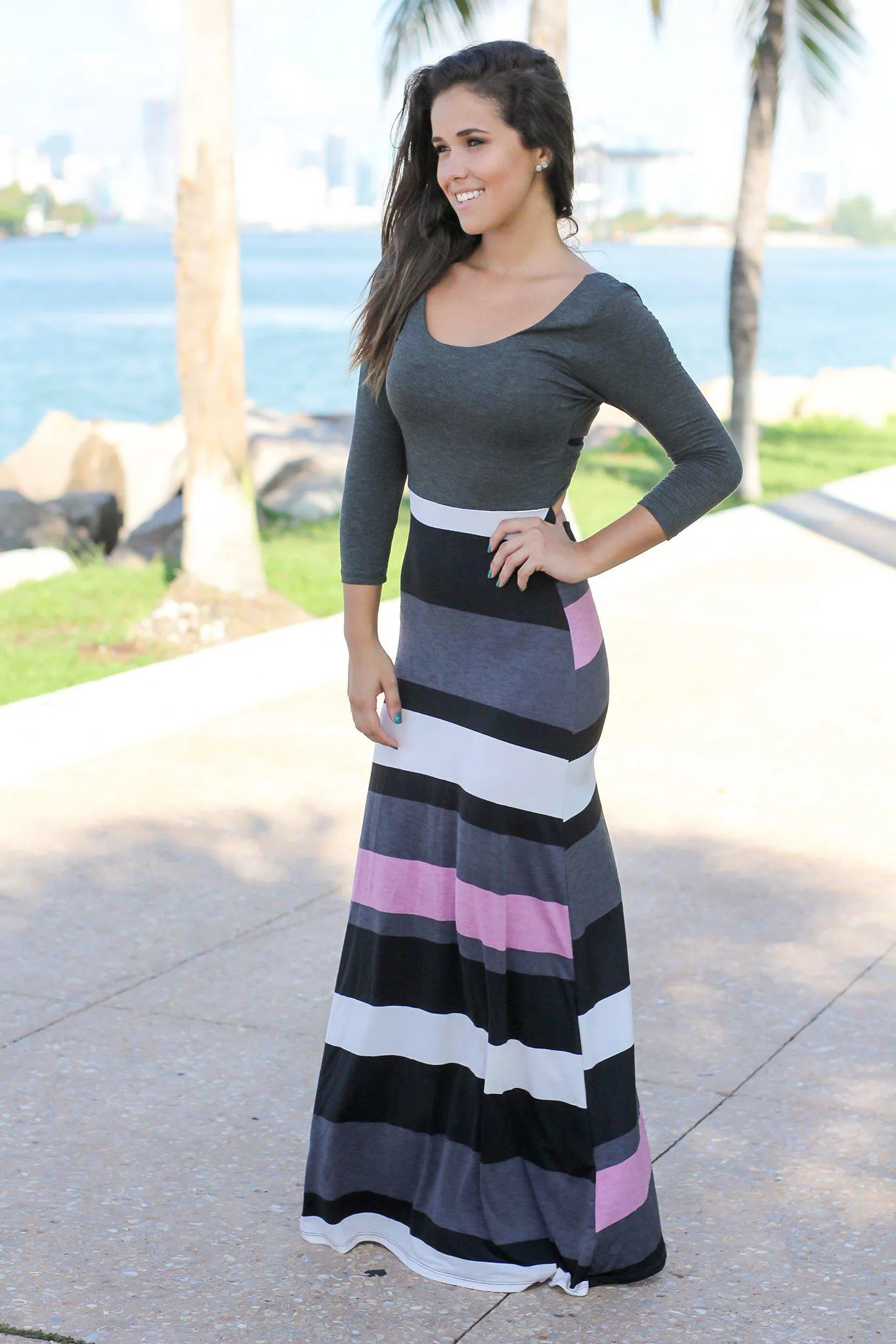 Charcoal Striped Maxi Dress with 3/4 Sleeves