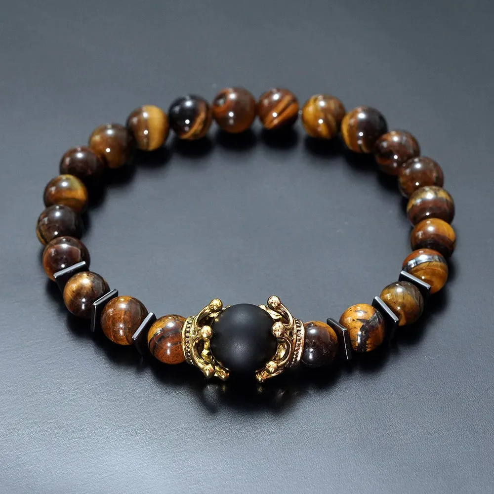 Charm Bracelet for Men Fashion Luxury Antique crown High quality Tiger eye stone bead Bracelets Jewelry Male Pulseira bileklik