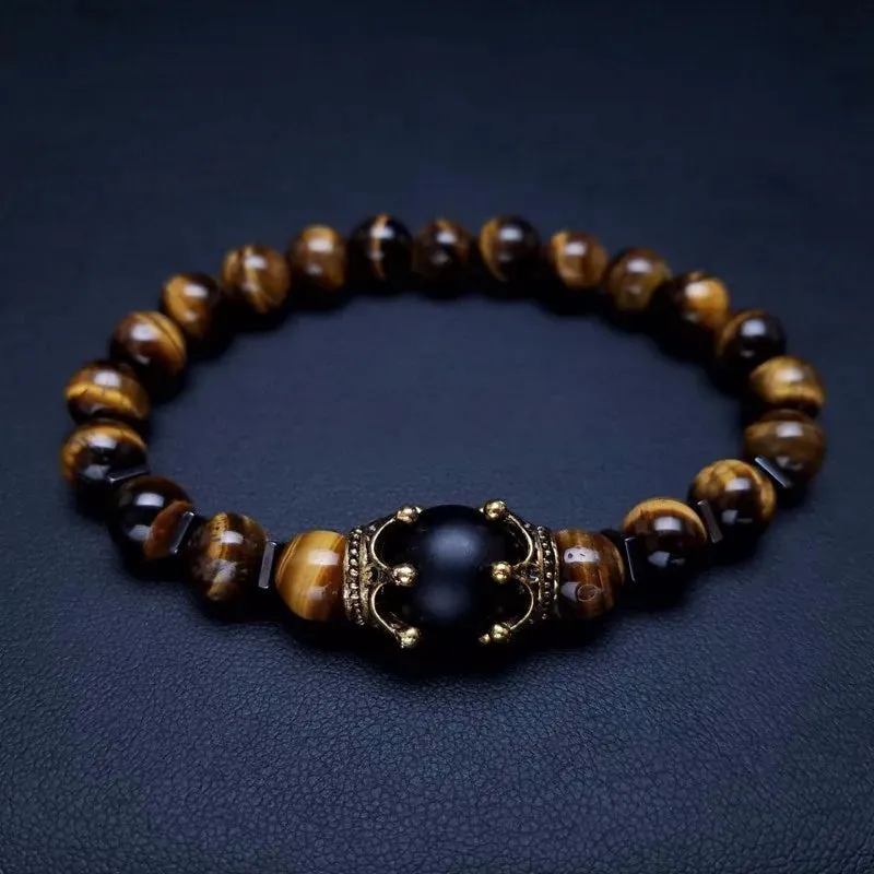 Charm Bracelet for Men Fashion Luxury Antique crown High quality Tiger eye stone bead Bracelets Jewelry Male Pulseira bileklik