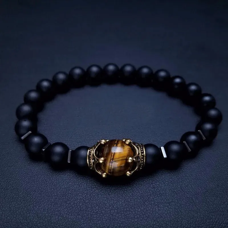 Charm Bracelet for Men Fashion Luxury Antique crown High quality Tiger eye stone bead Bracelets Jewelry Male Pulseira bileklik