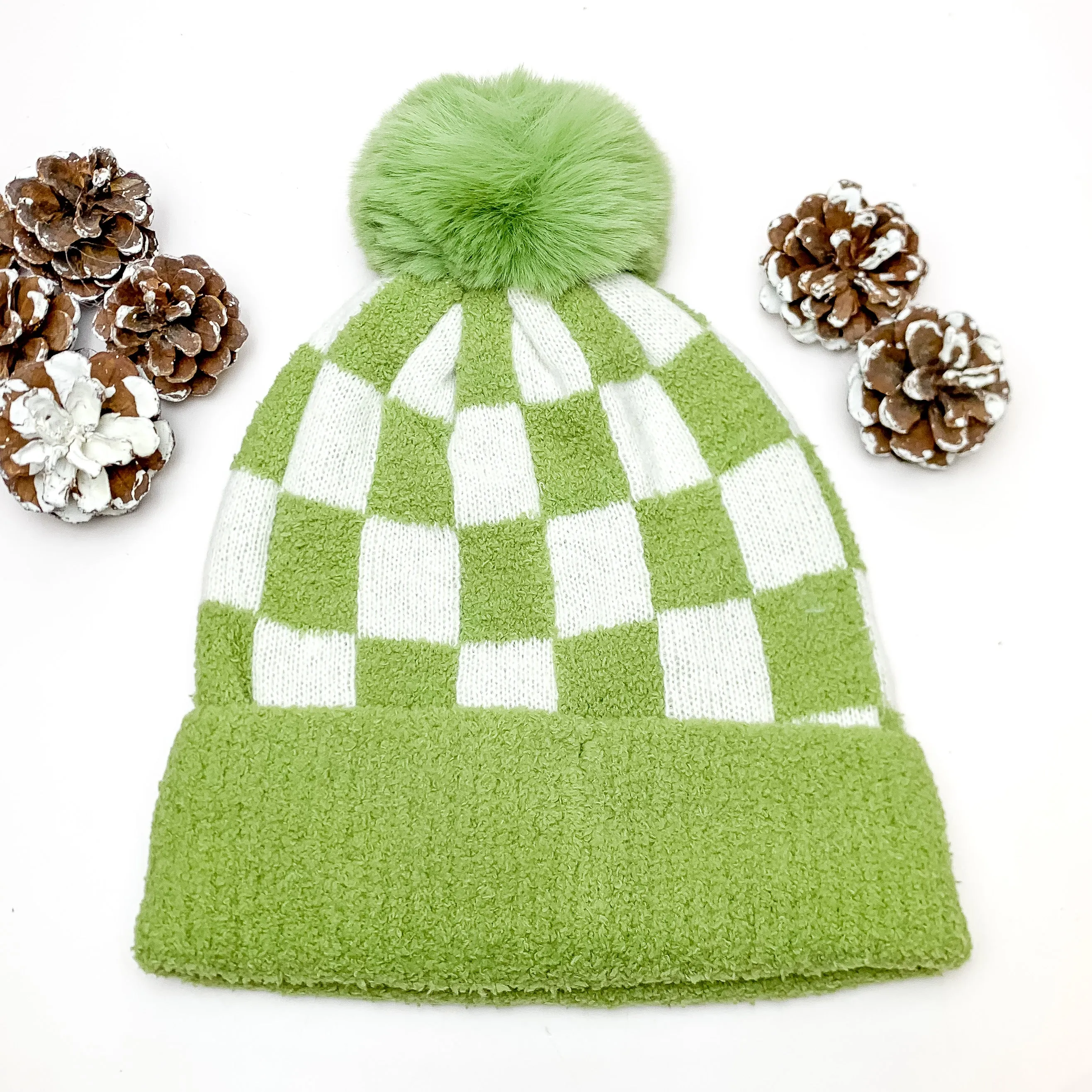 Checkered Beanie in Olive Green and White