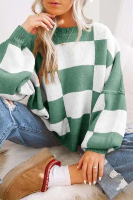 Checkered Bishop Sleeve Sweater 100% Acrylic