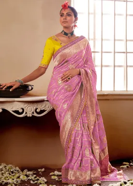 Cherry Pink Woven Dola Silk Saree with Contrast Embroidered Border