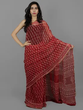 Cherry Red Ivory Hand Block Printed Chiffon Saree - S031702073