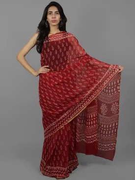 Cherry Red Ivory Hand Block Printed Chiffon Saree - S031702086