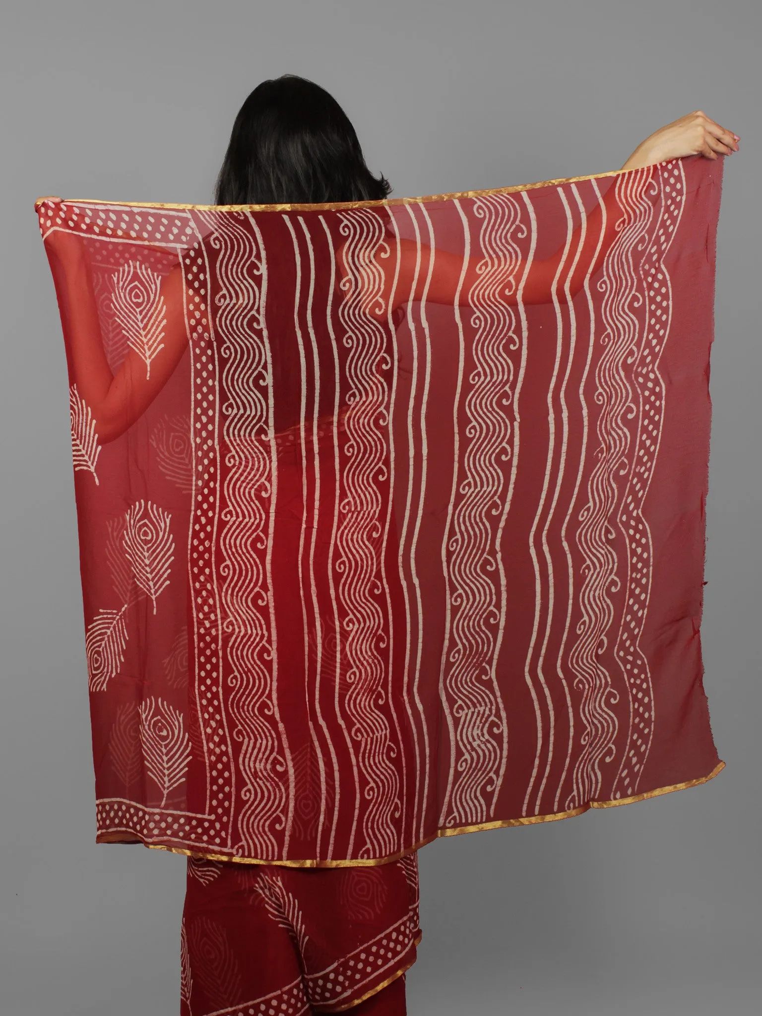 Cherry Red Ivory Hand Block Printed Chiffon Saree Without Blouse - S031702080