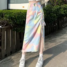 Chic Colorblock Tie Dye Drawstring Split Denim Skirt