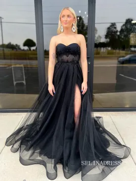 Chic Elegant Sweetheart Long Prom Dresses Black Tulle Evening Gown lpk136