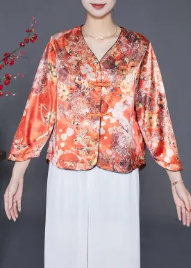 Chic Orange Chinese Button Print Silk Shirts Bracelet Sleeve LY6543