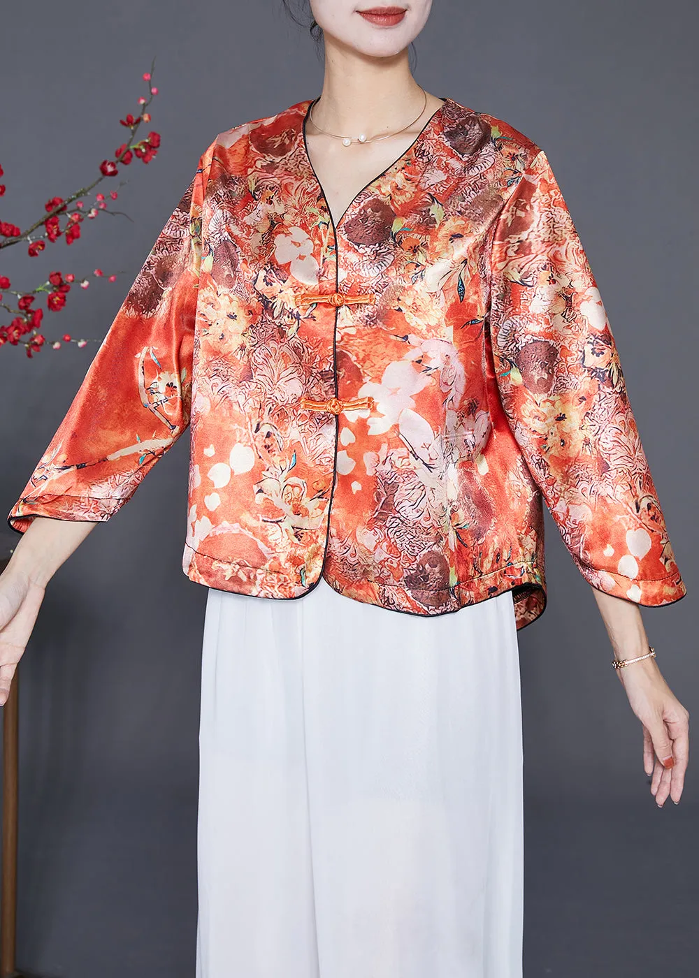 Chic Orange Chinese Button Print Silk Shirts Bracelet Sleeve LY6543