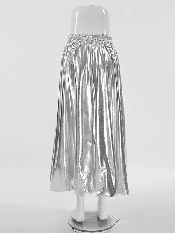 Chic Silver High Waisted Pleated A-Line Skirts WS011