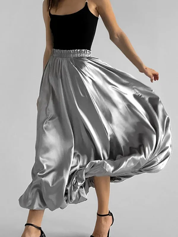 Chic Silver High Waisted Pleated A-Line Skirts WS011