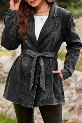 Chic Tie Waist Black Denim Jacket for Women