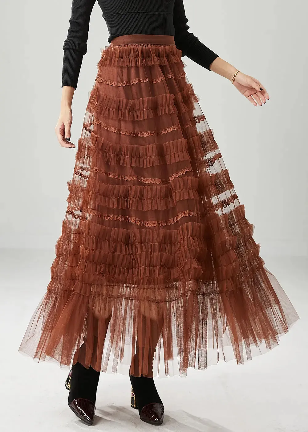 Chocolate Tulle A Line Skirts Ruffled Fall ML0462