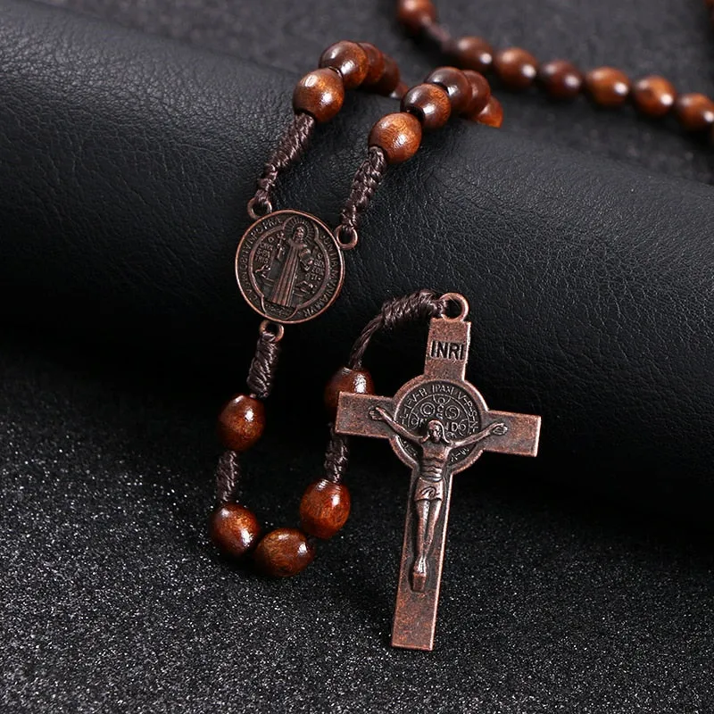 Christ Jesus Wooden Beads 8mm Rosary Bead Cross Pendant Woven Rope Chain Necklace Religious Orthodox Praying