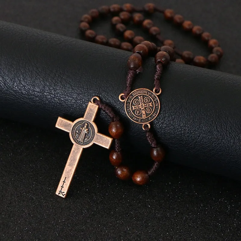 Christ Jesus Wooden Beads 8mm Rosary Bead Cross Pendant Woven Rope Chain Necklace Religious Orthodox Praying