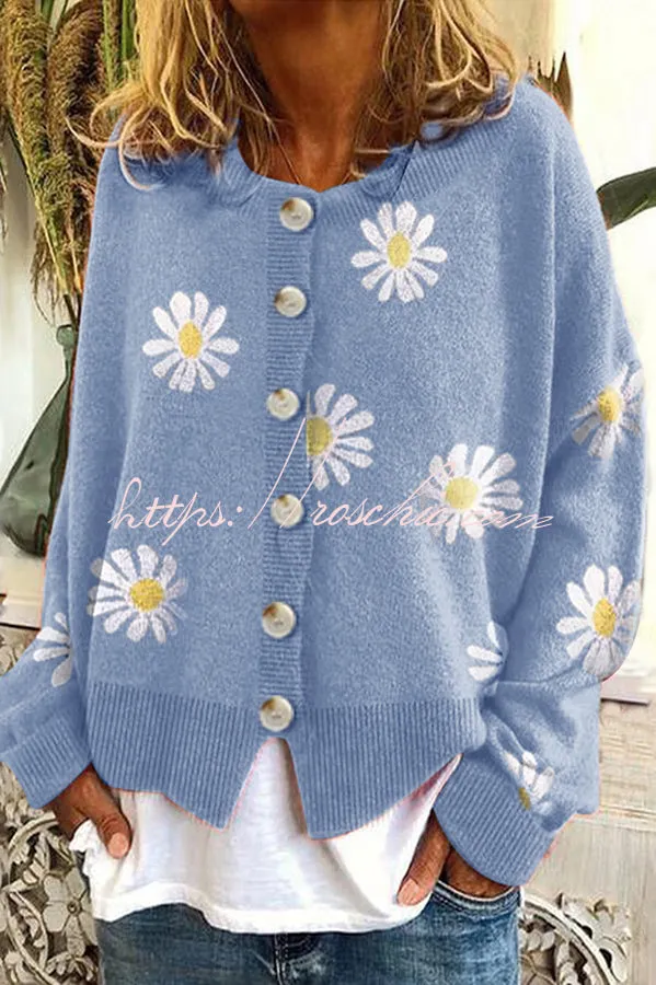 Chrysanthemum Embroidery Knitting Button Down Cardigan Coats