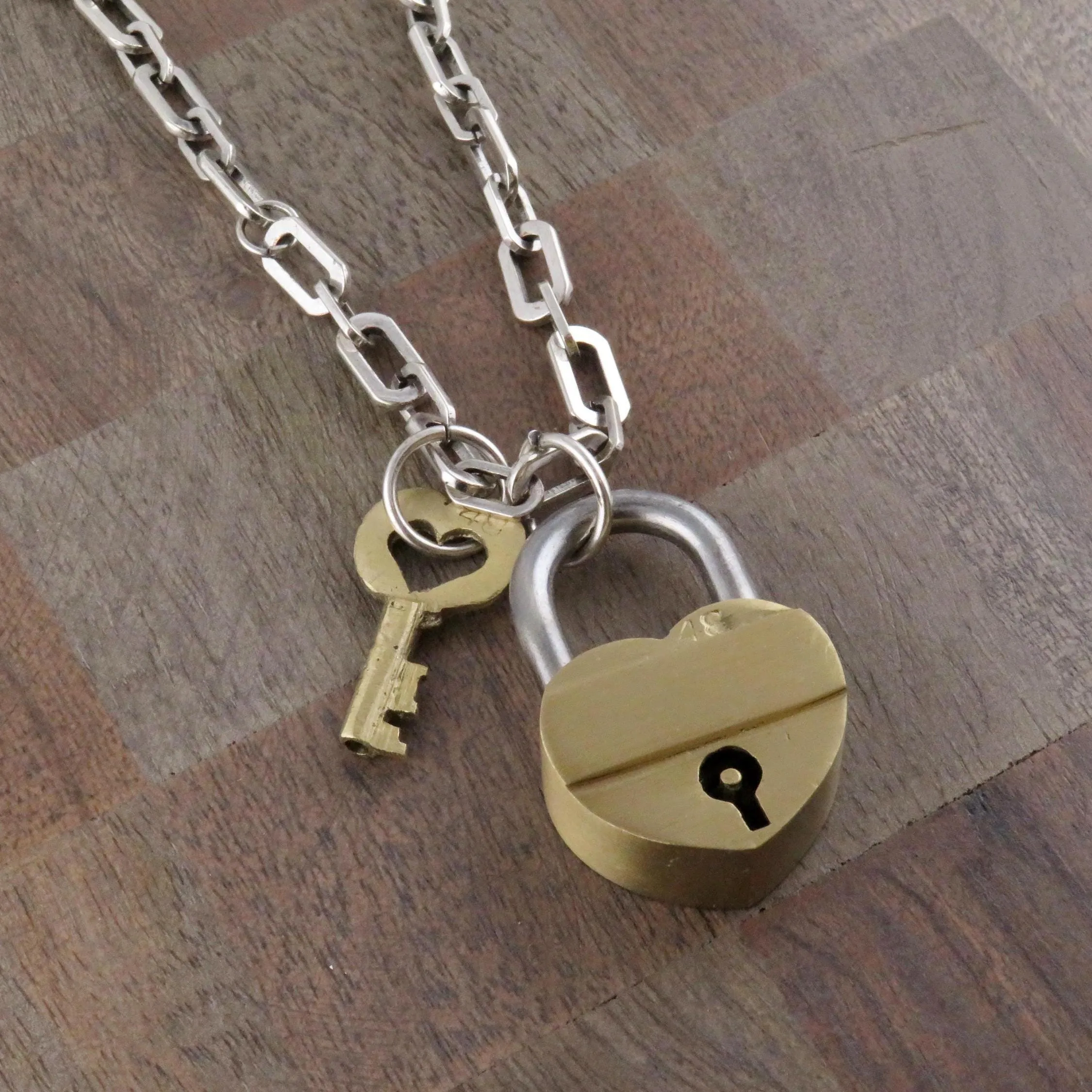 Chunky Brass Padlock   Key Necklace