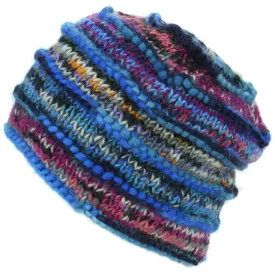 Chunky Ribbed Wool Knit Beanie Hat with Space Dye Design - Electric Blue