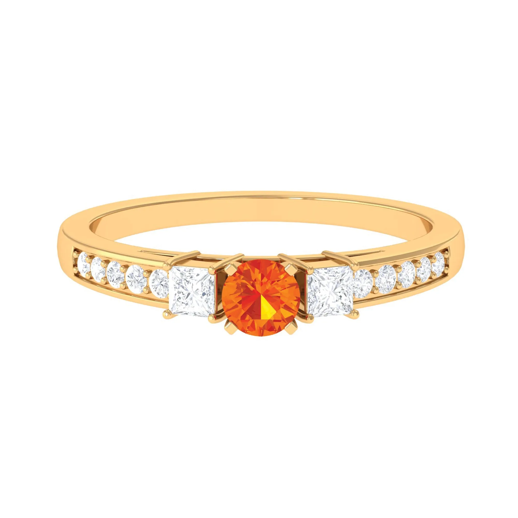 Classic Round Shape Orange Sapphire and Diamond Engagement Ring